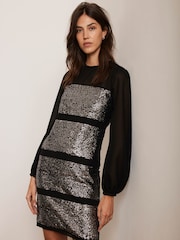Mint Velvet Black Sequin Panel Mini Dress - Image 2 of 6