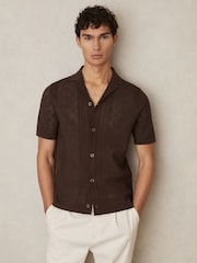 Reiss Chocolate Brown Kipling Textured-Knit Short-Sleeve Shirt - Image 1 of 6