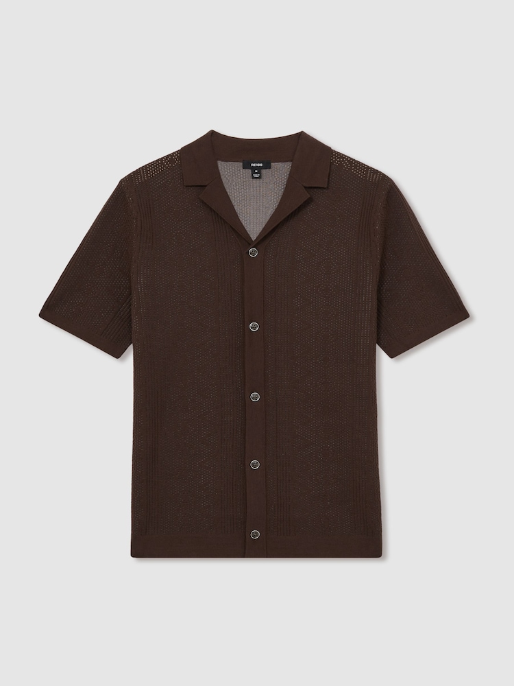 Reiss Chocolate Brown Kipling Textured-Knit Short-Sleeve Shirt - Image 2 of 6