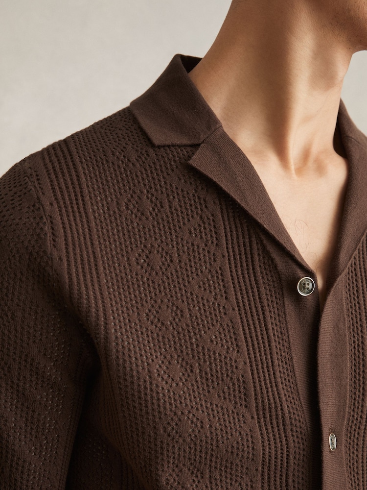 Reiss Chocolate Brown Kipling Textured-Knit Short-Sleeve Shirt - Image 4 of 6