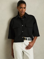 Reiss Black Myrtle Cropped Twill Shirt Jacket - Image 1 of 7
