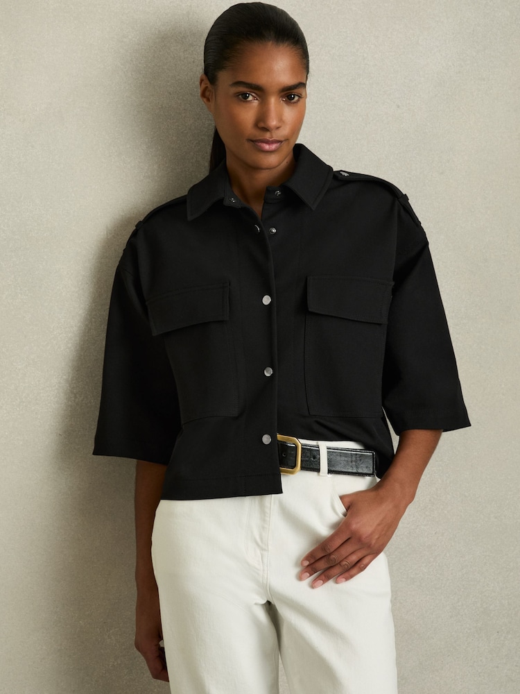 Reiss Black Myrtle Cropped Twill Shirt Jacket - Image 1 of 7