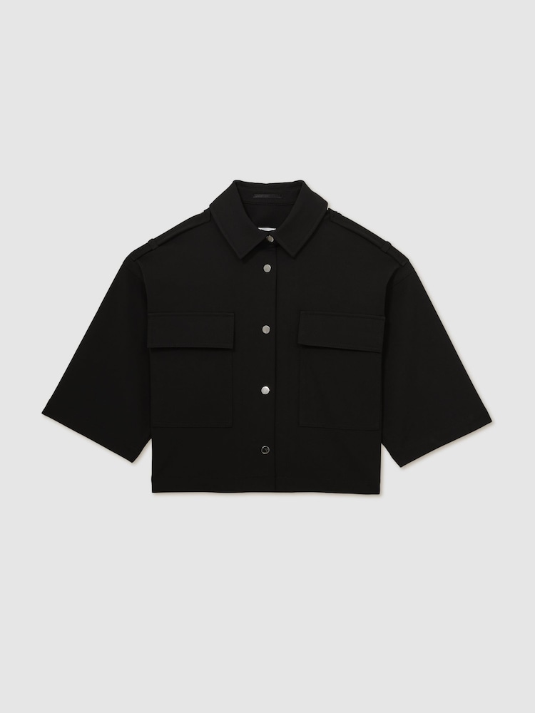 Reiss Black Myrtle Cropped Twill Shirt Jacket - Image 2 of 7
