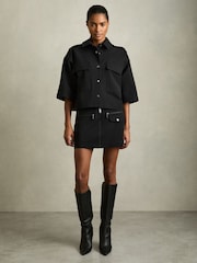 Reiss Black Myrtle Cropped Twill Shirt Jacket - Image 3 of 7