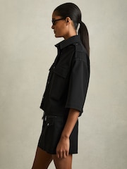 Reiss Black Myrtle Cropped Twill Shirt Jacket - Image 6 of 7