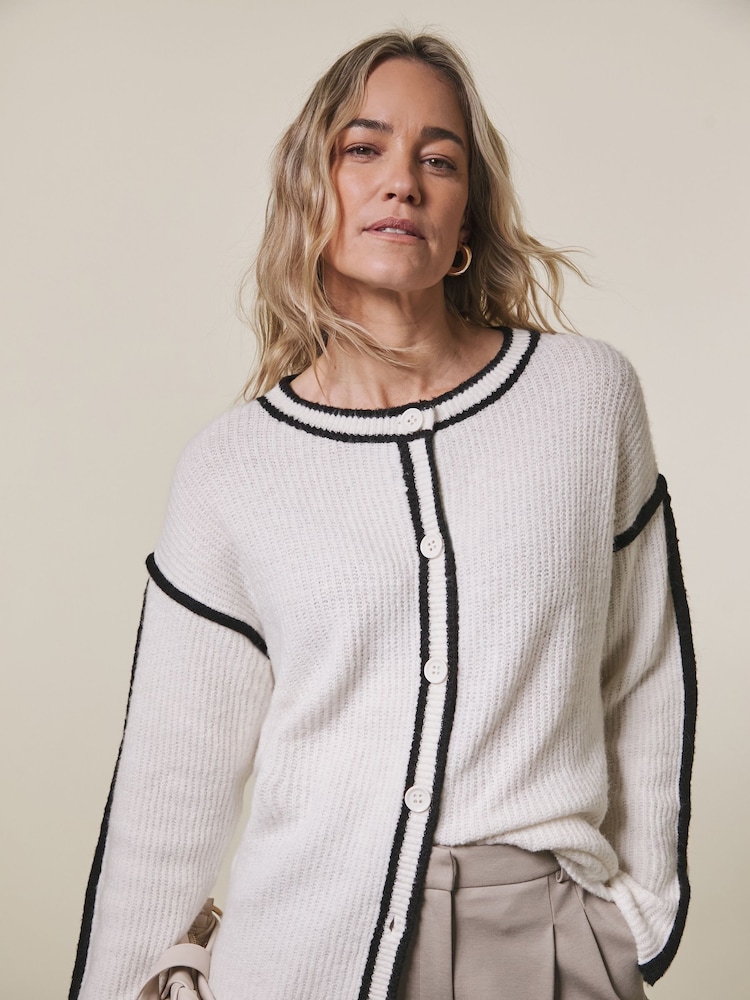 JD Williams Cream Contrast Tipped Detail Cardigan - Image 1 of 4 JD Williams Cream Contrast Tipped Detail Cardigan - Image 1 of 4