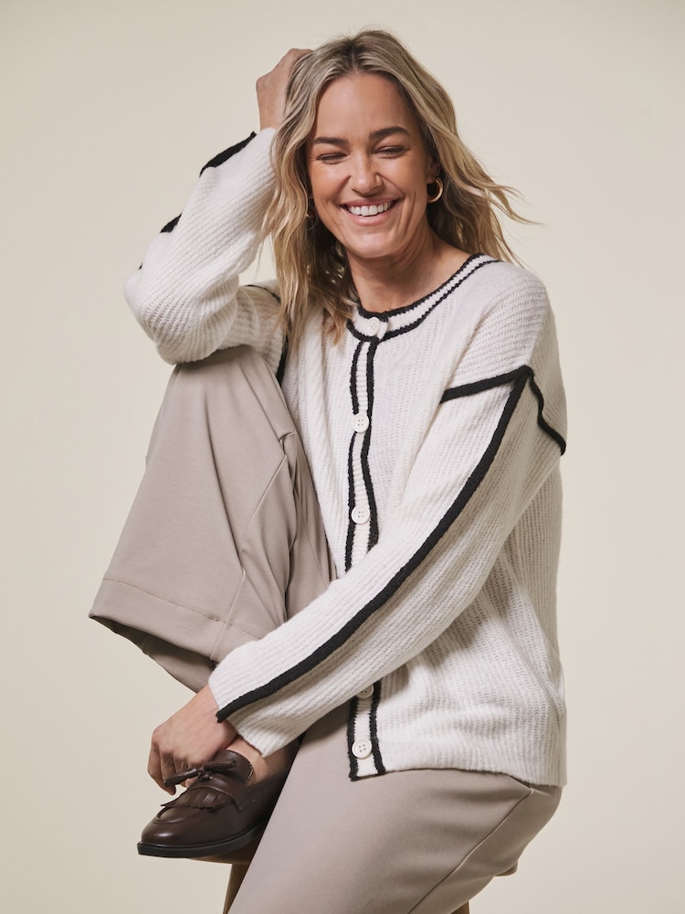 JD Williams Cream Contrast Tipped Detail Cardigan - Image 4 of 4