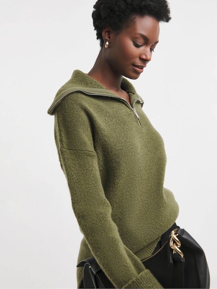 JD Williams Olive Green Zip Detail Stepped Hem Knitted Tunic - Image 1 of 4