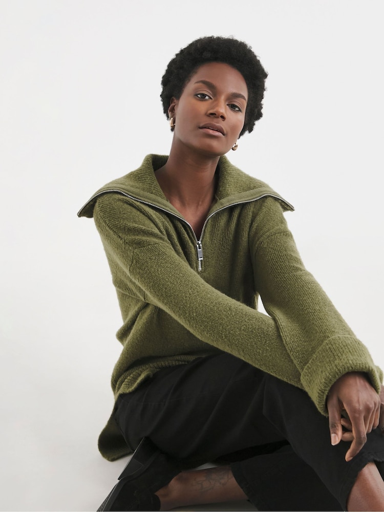 JD Williams Olive Green Zip Detail Stepped Hem Knitted Tunic - Image 4 of 4