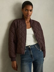 Reiss Burgundy Nina Quilted Printed Bomber Jacket - Image 3 of 6