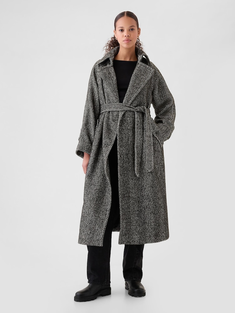 Gap Black Double-Breasted Herringbone Belted Trench Coat - Image 1 of 5