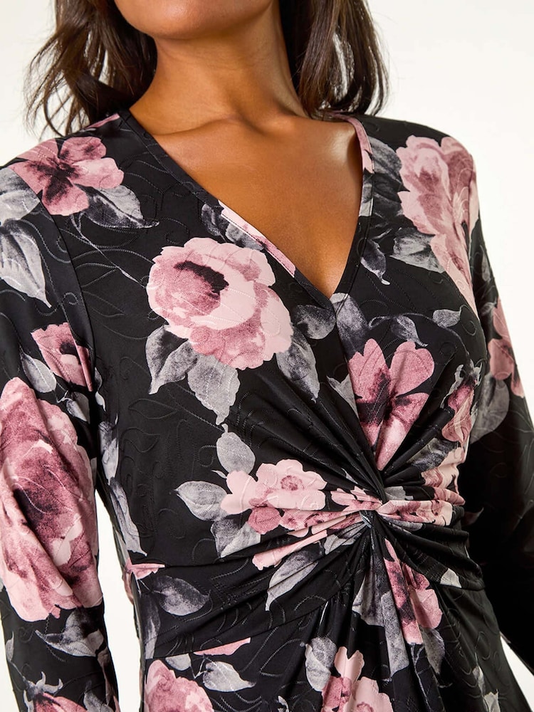Roman Pink Floral Print Twist Front Stretch Dress - Image 5 of 5 Roman Pink Floral Print Twist Front Stretch Dress - Image 5 of 5