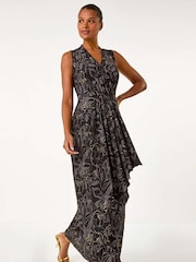 Roman Black Glitter Floral Print Maxi Stretch Dress - Image 1 of 6