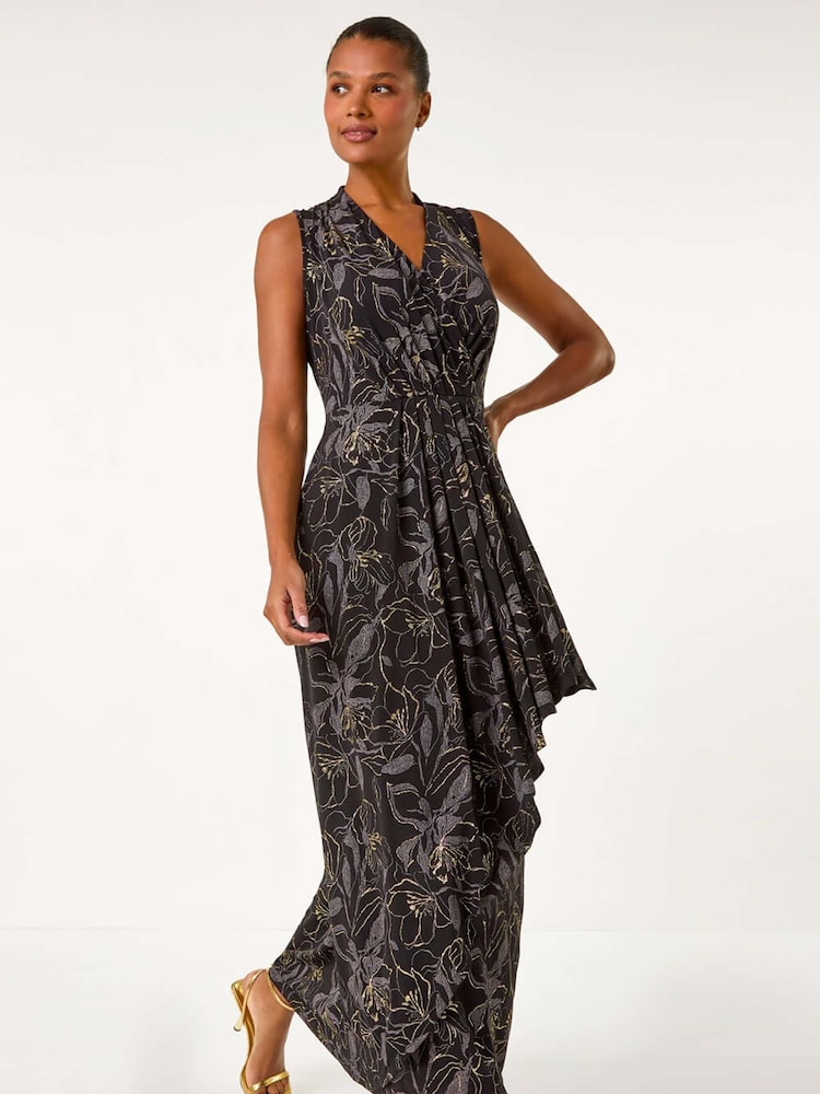 Roman Black Glitter Floral Print Maxi Stretch Dress - Image 1 of 6