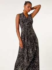 Roman Black Glitter Floral Print Maxi Stretch Dress - Image 3 of 6