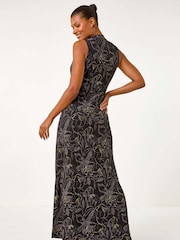 Roman Black Glitter Floral Print Maxi Stretch Dress - Image 4 of 6