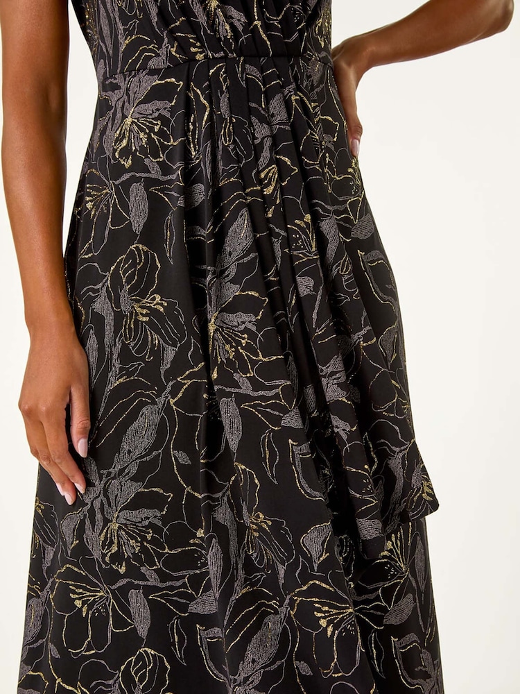 Roman Black Glitter Floral Print Maxi Stretch Dress - Image 6 of 6