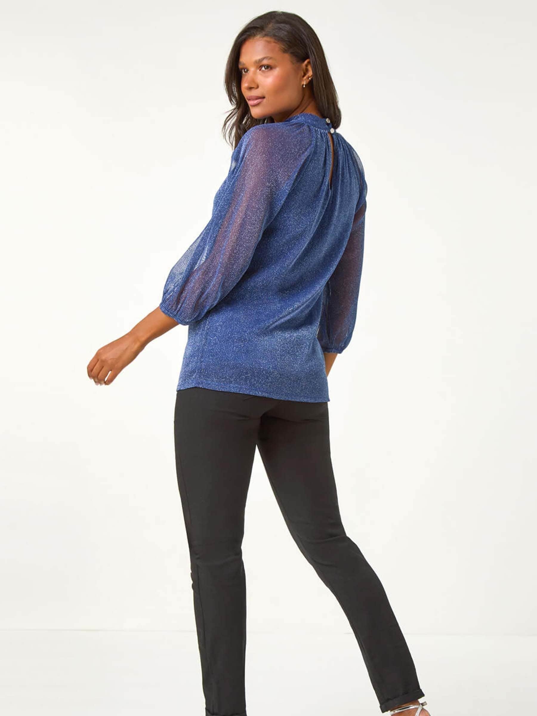 Buy Roman Blue Twist Neck Glitter Mesh Top from Next USA