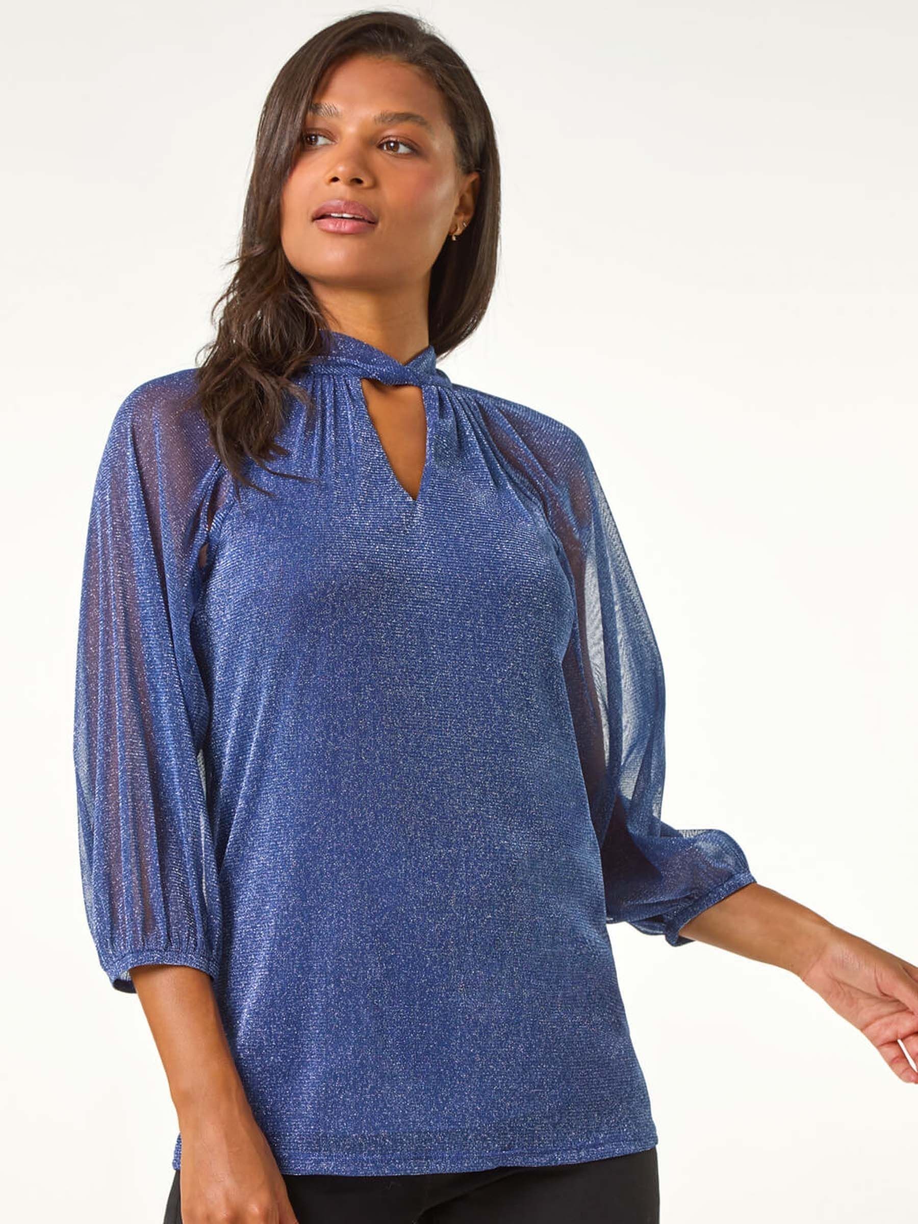 Buy Roman Blue Twist Neck Glitter Mesh Top from Next USA