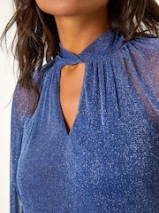 Roman Blue Twist Neck Glitter Mesh Top - Image 5 of 5
