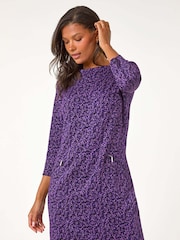 Roman Purple Leaf Print Zip Pocket Detail Dress - Image 1 of 6