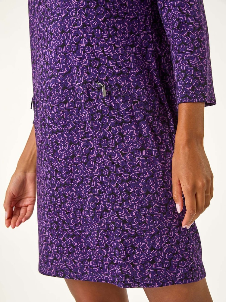 Roman Purple Leaf Print Zip Pocket Detail Dress - Image 6 of 6