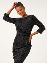 Roman Black Velvet Bodycon Midi Dress - Image 5 of 6
