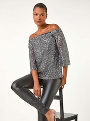 Roman Metallic Sequin Detail Bardot Top - Image 1 of 5