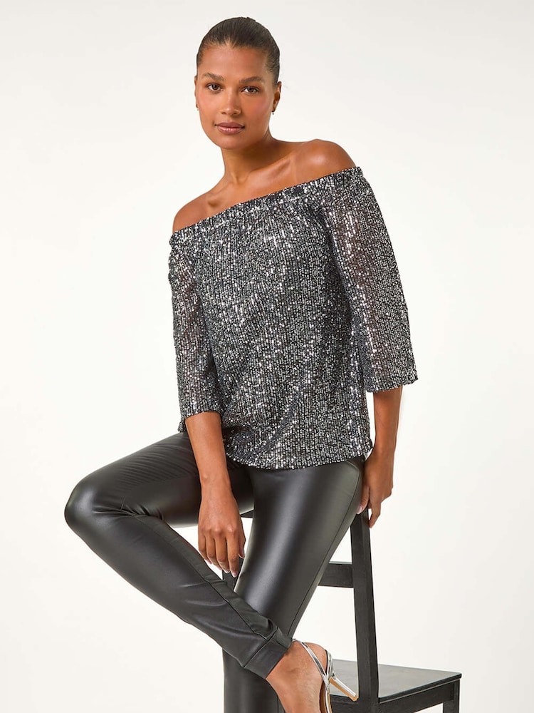 Roman Metallic Sequin Detail Bardot Top - Image 1 of 5