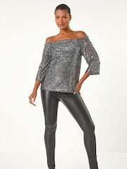 Roman Metallic Sequin Detail Bardot Top - Image 2 of 5