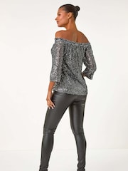 Roman Metallic Sequin Detail Bardot Top - Image 3 of 5