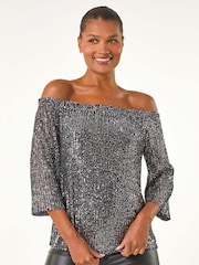 Roman Metallic Sequin Detail Bardot Top - Image 4 of 5