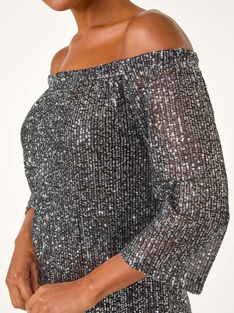 Roman Metallic Sequin Detail Bardot Top - Image 5 of 5