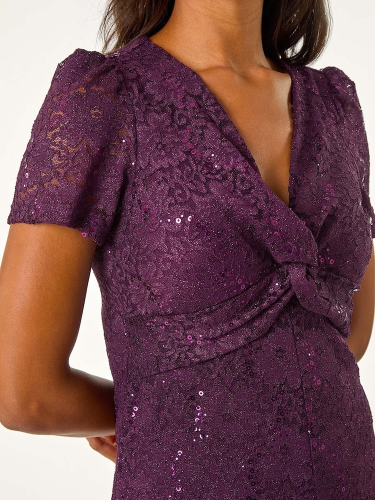 Lila - Roman Midikleid mit Pailletten-Spitze und verdrehter Vorderseite - Bild 5 von 5 Lila - Roman Midikleid mit Pailletten-Spitze und verdrehter Vorderseite - Bild 5 von 5