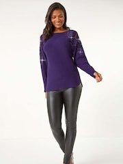 Roman Purple Diamante Sleeve Knit Jumper - Image 1 of 5