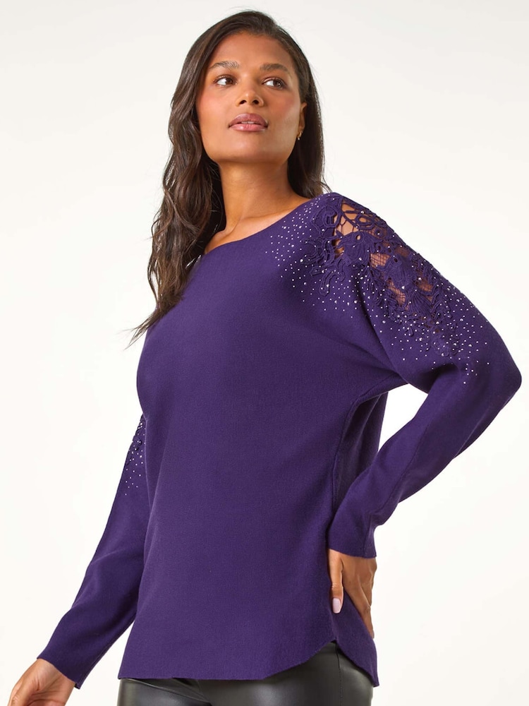 Roman Purple Diamante Sleeve Knit Jumper - Image 2 of 5