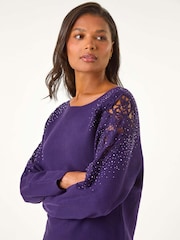 Roman Purple Diamante Sleeve Knit Jumper - Image 4 of 5