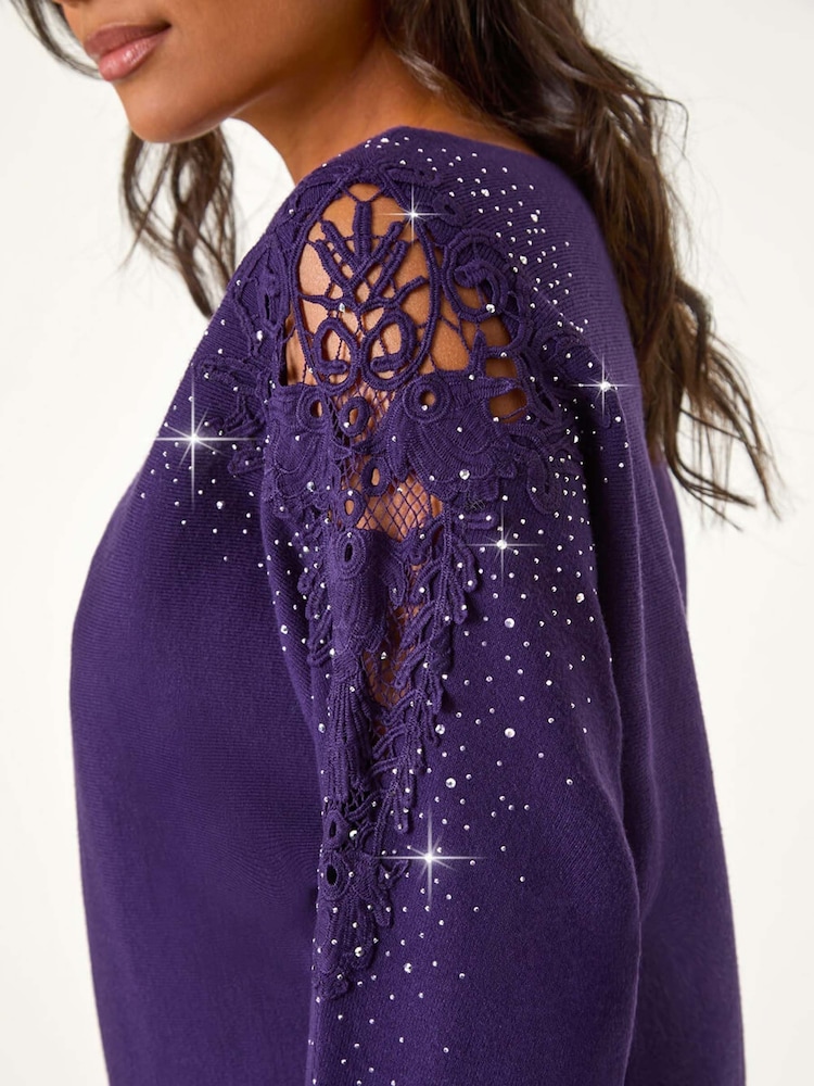 Roman Purple Diamante Sleeve Knit Jumper - Image 5 of 5