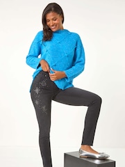 Roman Grey Shimmer Hotfix and Stud Detail Denim Leggings - Image 1 of 5