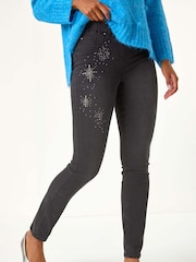 Roman Grey Shimmer Hotfix and Stud Detail Denim Leggings - Image 4 of 5