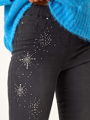 Roman Grey Shimmer Hotfix and Stud Detail Denim Leggings - Image 5 of 5
