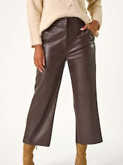 Roman Brown Faux Leather Wide Leg Crop Trousers - Image 4 of 5