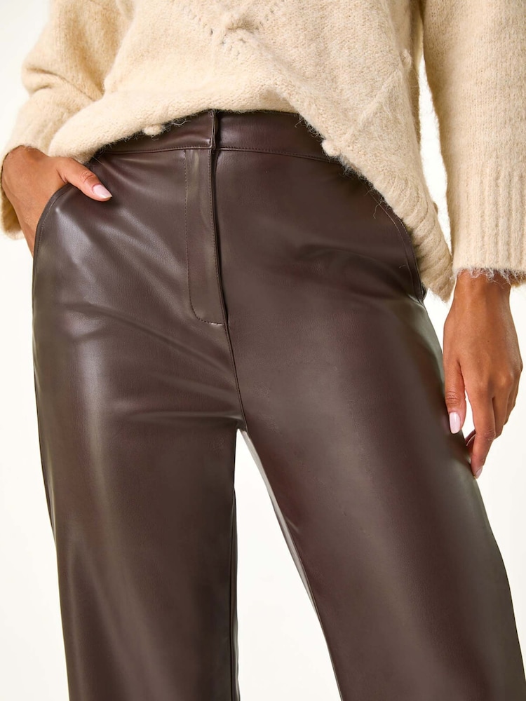 Roman Brown Faux Leather Wide Leg Crop Trousers - Image 5 of 5