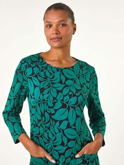 Roman Green Leaf Print Pocket Detail Shift Dress - Image 4 of 5