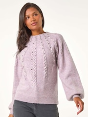 Roman Purple Graduated Faux Pearl Cable Knit Jumper - Image 1 of 5
