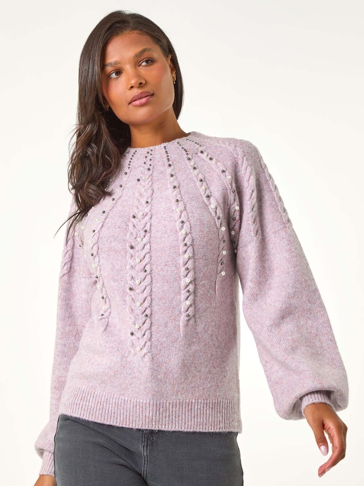 Roman Purple Graduated Faux Pearl Cable Knit Jumper - Image 1 of 5