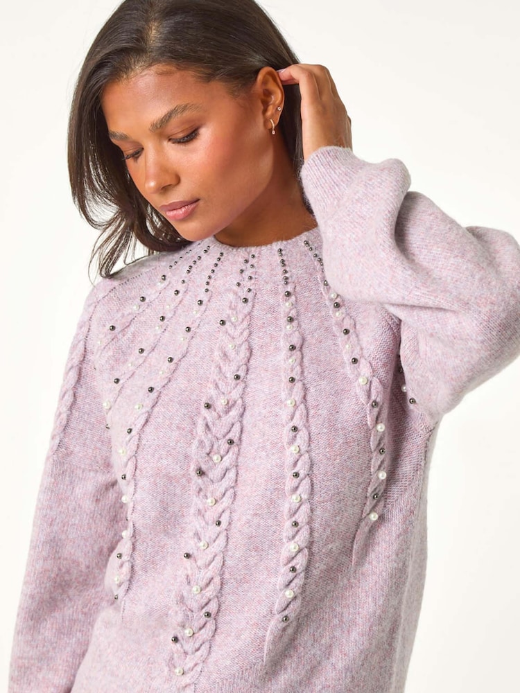 Roman Purple Graduated Faux Pearl Cable Knit Jumper - Image 2 of 5
