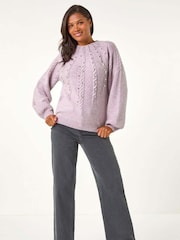 Roman Purple Graduated Faux Pearl Cable Knit Jumper - Image 3 of 5
