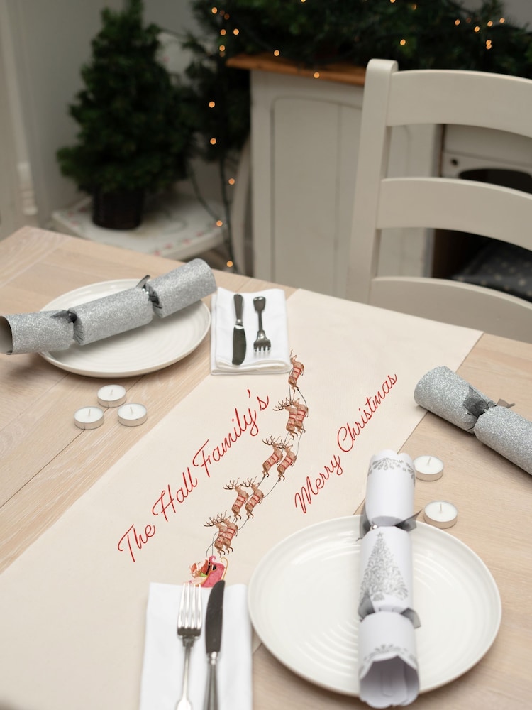 Personalised Vintage Christmas Reindeer 100% Cotton Table Runner by Jonnys Sister - Image 1 of 4