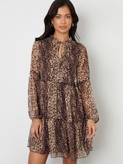 Threadbare Brown Leopard Print Tiered Chiffon Mini Dress - Image 1 of 4